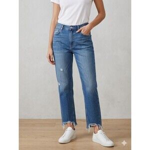 Free People Jeans Womens 27 Blue Maggie Mid Rise Straight Leg Raw Hem Button Fly